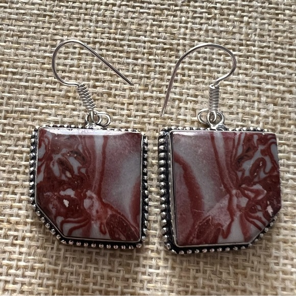 New Red Network Jasper Stone Silver Hook Earrings - Picture 1 of 4